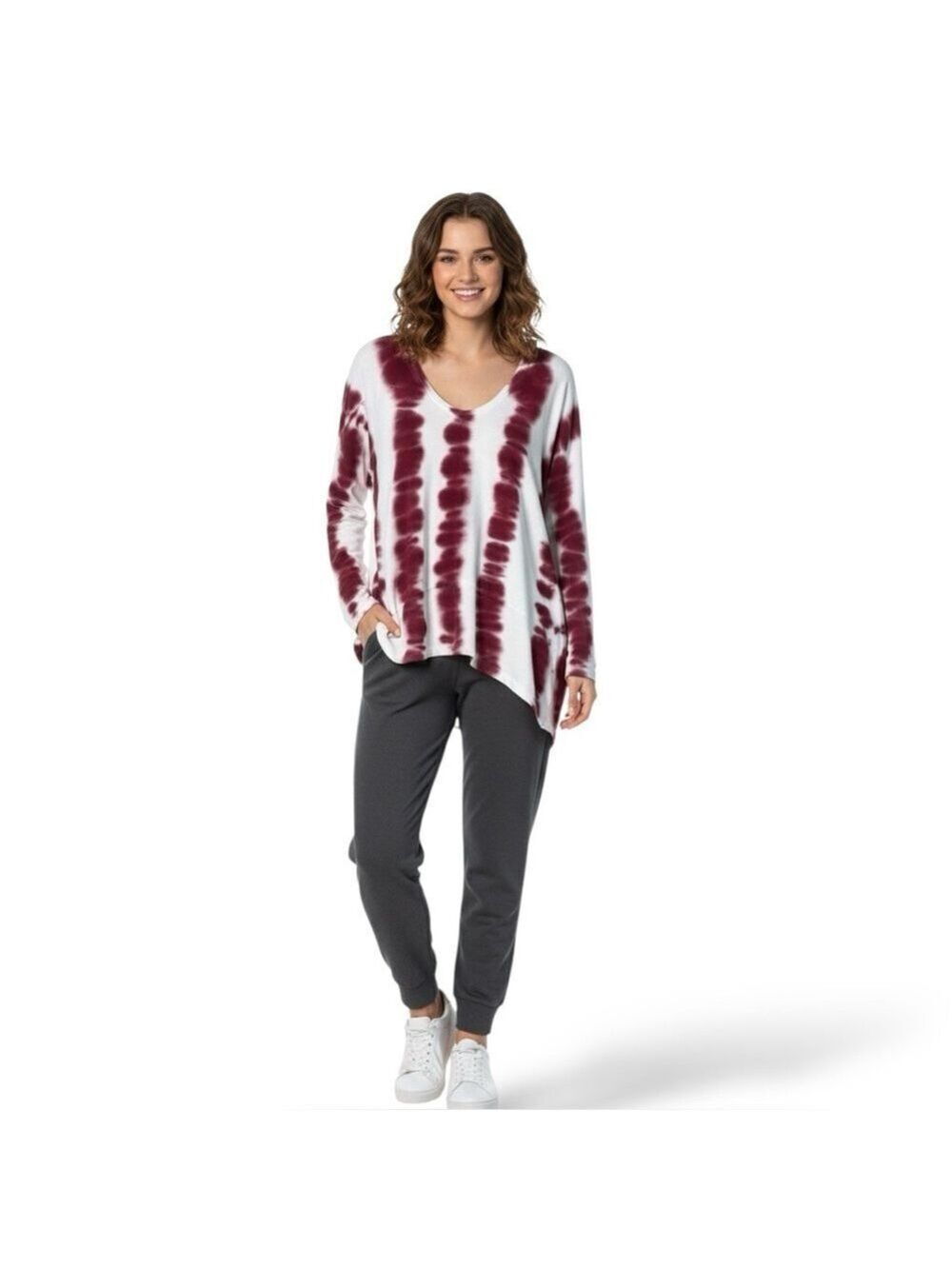 XCVI Long Sleeve Rayon Blend Knit Hi Lo Burgundy Tie Dye Print Top US Sz L